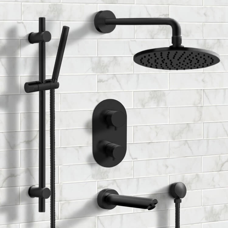 Remer TSR32 Matte Black Thermostatic Tub and Shower System with 8 Inch Rain Shower Head and Hand Shower